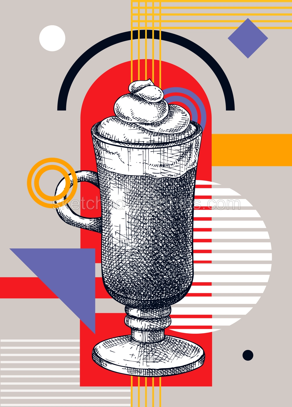 Collage style coffee vector illustration. Sketched latte drawing. Trendy design with coffee glass, geometric and abstract shapes. Hot drink for print, poster, card, social media, menu, wall art Illustration